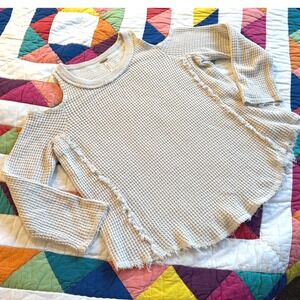 Free People Cream Waffle Knit Cold Shoulder Distressed Sweater Top